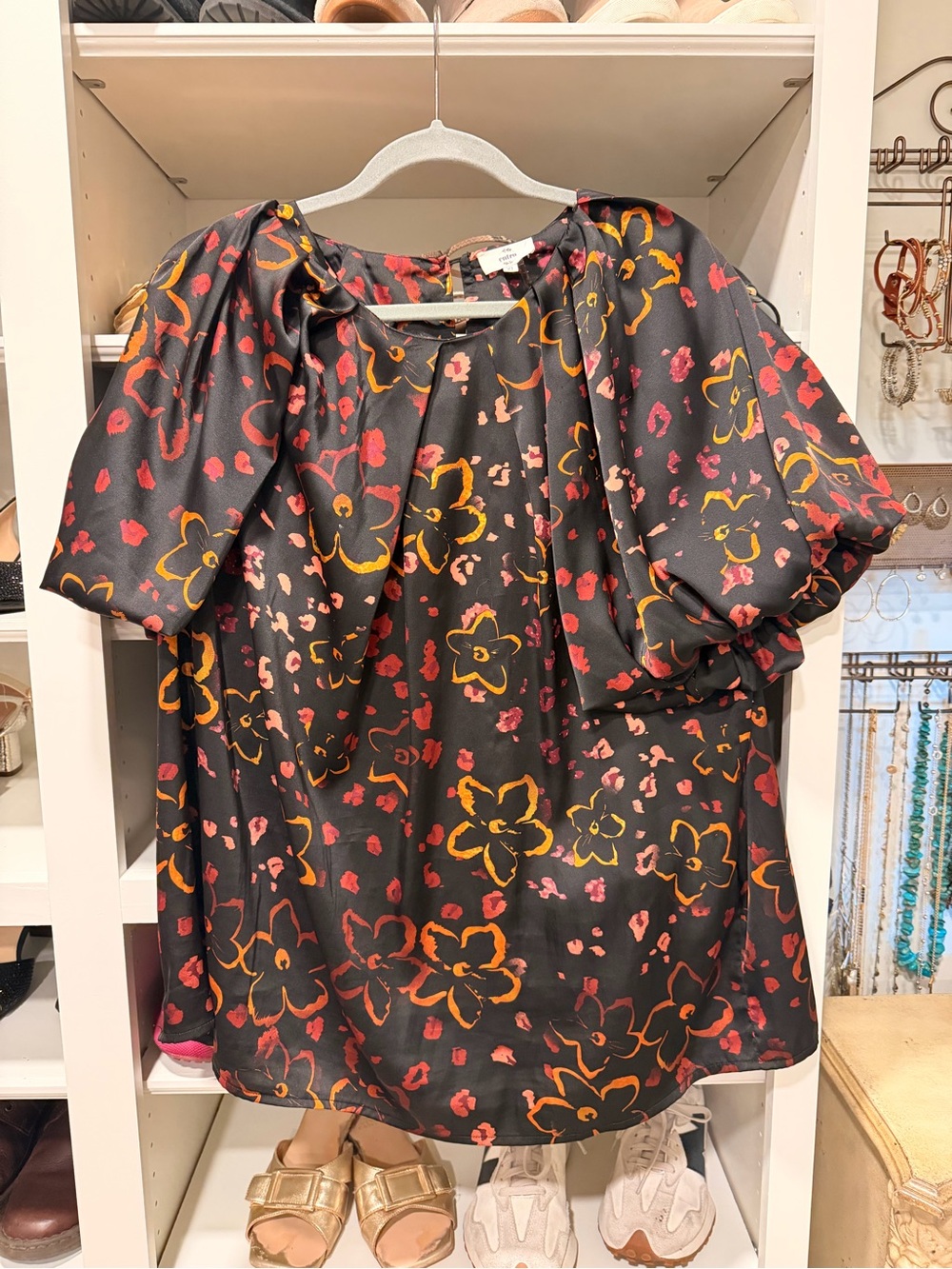 entro Black Satin Floral Puff-Sleeve Blouse with Coral and Mustard Accents